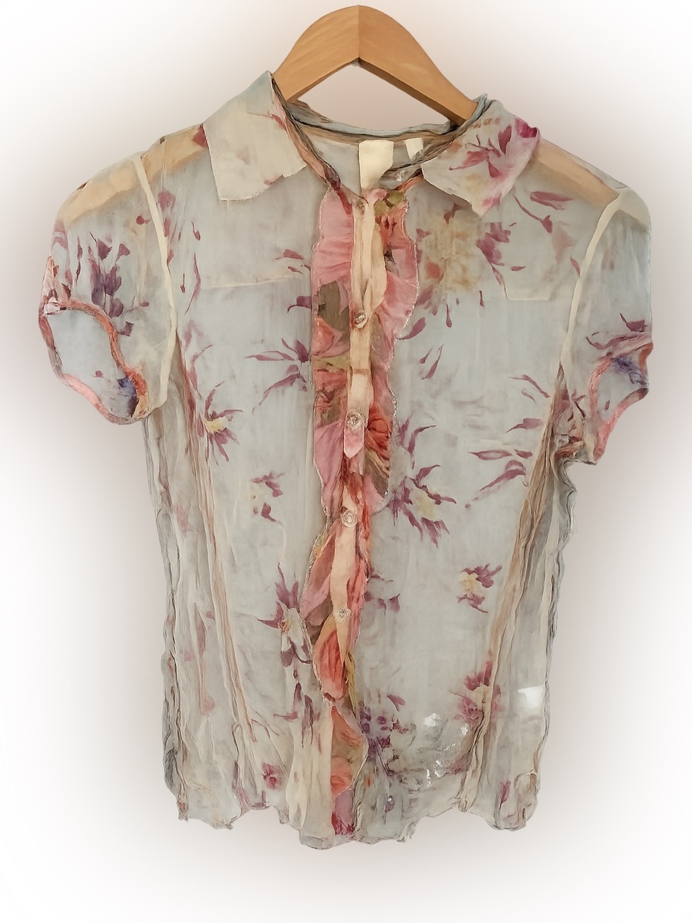 VTG Y2K Johnny Was For Love & Liberty Sheer Floral Silk Ruffle Button Blouse NWT